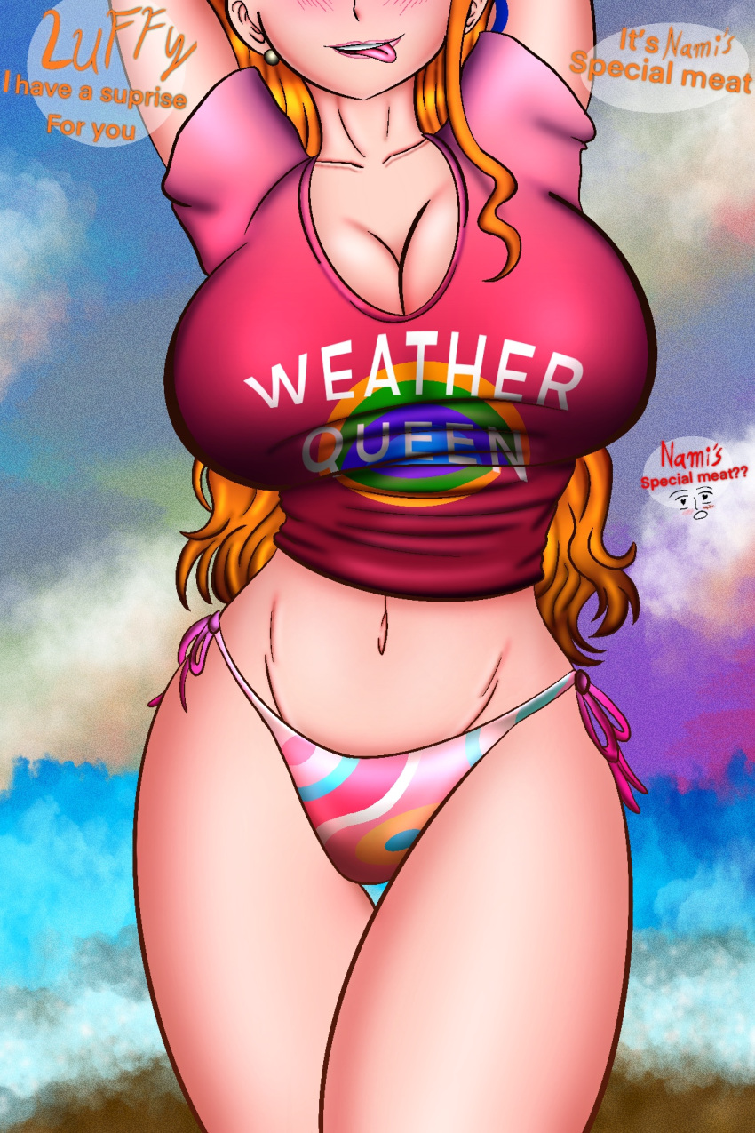 1girls arms_behind_head arms_up big_breasts bikini bikini_bottom breasts cleavage curvy dialogue female female_only flores huge_breasts monkey_d_luffy nami one_piece out_of_frame post-timeskip raised_arms shirt smile solo thick_thighs voluptuous weather_queen