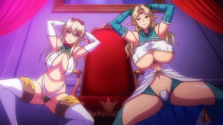 2girls almia_agraliel animated arms_up belly belly_button big_breasts blonde_hair blush bouncing_breasts breasts clothed clothing crown earrings elf elf_ears elf_female elf_girl elf_princess elf_queen ephildis_agraliel erect_nipples erect_nipples_under_clothes excited female female_only gloves huge_breasts hypnosis in_heat indoors jewelry kyonyuu_elf_oyako_saimin large_breasts legwear light-skinned_female light_skin lingerie long_hair looking_at_viewer massive_breasts mind_control mother_and_daughter navel pale-skinned_female pale_skin panties pointy_ears pose posing princess queen revealing_clothes squatting stomach string_panties sweat sweatdrop sweating sweaty_body thick_thighs thighhighs thighs throne throne_room underwear