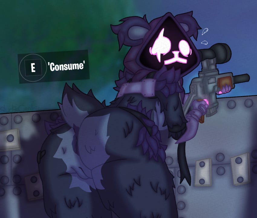 anthro anus ass bear bolt_(fastener) bottomless breasts caught caught_off_guard claws clothed clothing digital_media_(artwork) epic_games eye_scar facial_scar female fortnite fur genitals glowing glowing_eyes gun hi_res hood looking_at_viewer mammal multicolored_body multicolored_fur nude plant purple_body purple_ears purple_fur pussy ranged_weapon raven_team_leader rear_view rifle scar sharp_claws side_boob sludgecentric sniper_rifle solo sweatdrop_(iconography) tail text thick_thighs tree wall_(structure) weapon