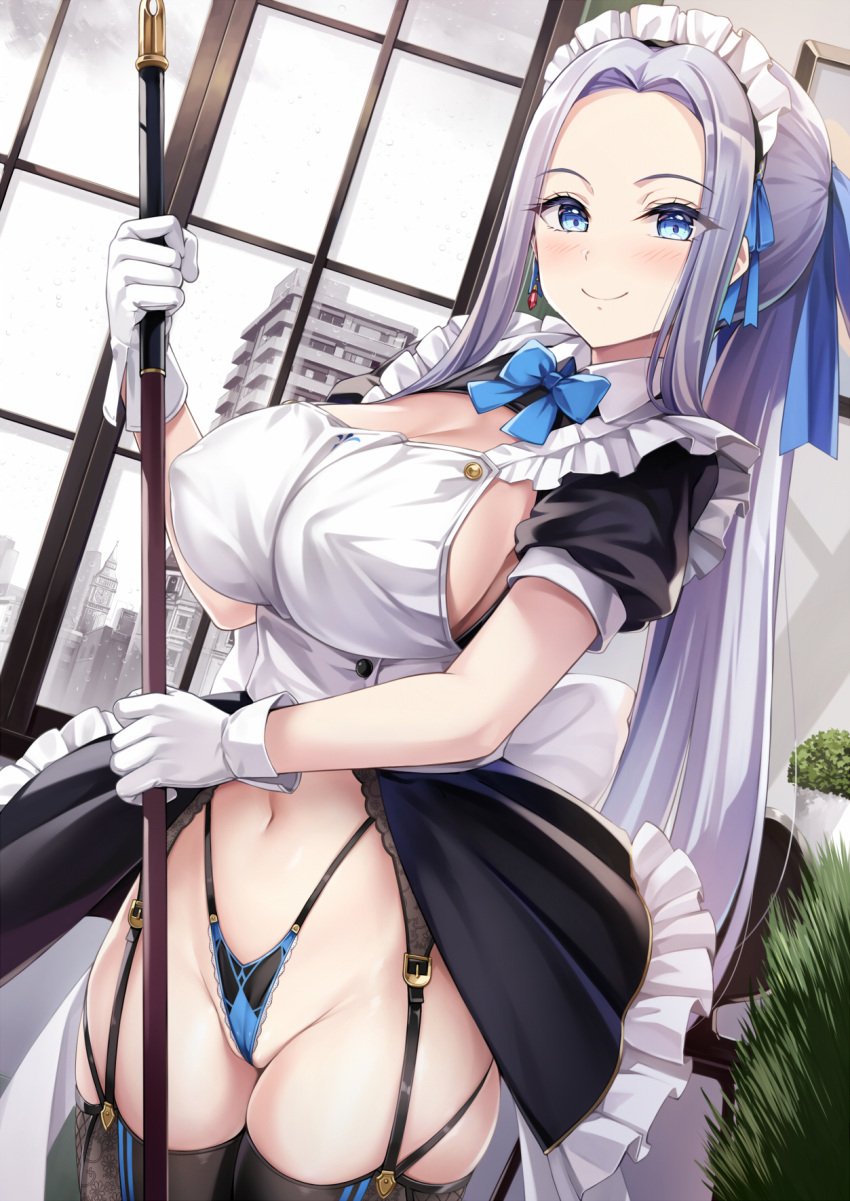 1girls 2023 apron blue_eyes blue_panties blush bow bowtie breasts broom cleavage clothing earrings erect_nipples erect_nipples_under_clothes female female_only frilled_skirt frills garter_belt gloves highleg highleg_panties holding_broom indoors jewelry large_breasts long_hair looking_at_viewer maid maid_headdress maid_uniform navel no_bra original panties plant potted_plant revealing_clothes showgirl_skirt sideboob silver_hair skindentation skirt smile solo standing thick_thighs thighhighs thighs thong underwear uniform very_long_hair white_gloves window yokaze_japan