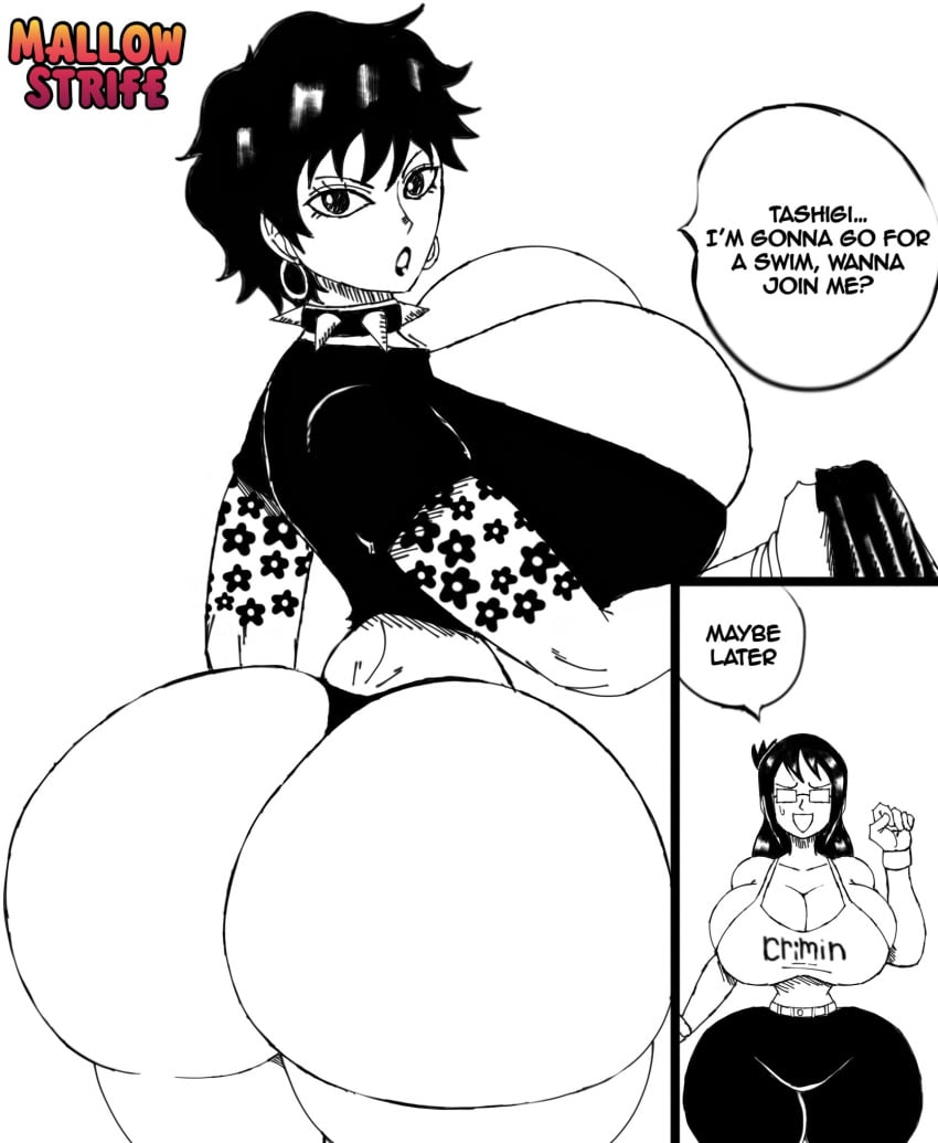 2girls big_ass big_breasts big_butt chocker comic dialogue doll_(one_piece) female female_only glasses huge_ass huge_breasts large_ass large_hips lipstick mallow_strife massive_ass massive_butt one_piece spiked_collar tashigi tattoo thick_thighs thong thong_bikini unrealistic_proportions wide_hips