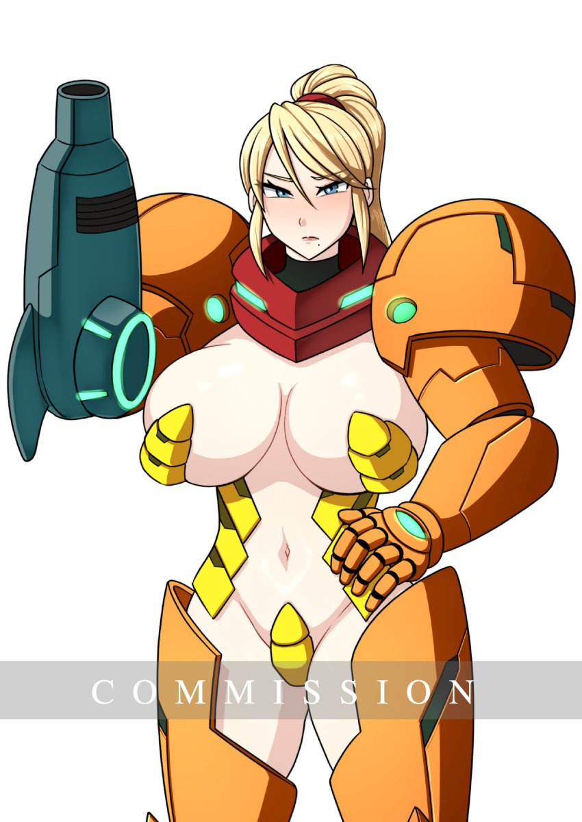 alternate_costume angry armor armored_samus beauty_mark bikini_armor blue_eyes feminine_(artist) large_breasts metroid mole_under_mouth ponytail power_suit revealing_clothes samus_aran varia_suit