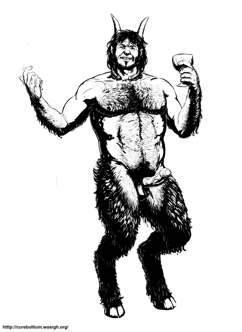 balls beckoning belly_hair body_hair boner chest_hair container cup cureboltium erection foreskin genitals gesture hi_res hooves horn humanoid_genitalia humanoid_penis male male_only monochrome nipples penis pubes satyr solo