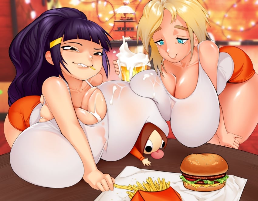 1boy 2girls background beer big_ass big_breasts big_butt black_eyes blonde_hair blue_eyes bombusaya chibi curvy female food fruittea hooters light_skin long_hair massive_breasts original_character ponytail purple_hair shiny_skin short_hair shorts shortstack smile smug tank_top thick thick_thighs uniform wet_clothes wide_hips