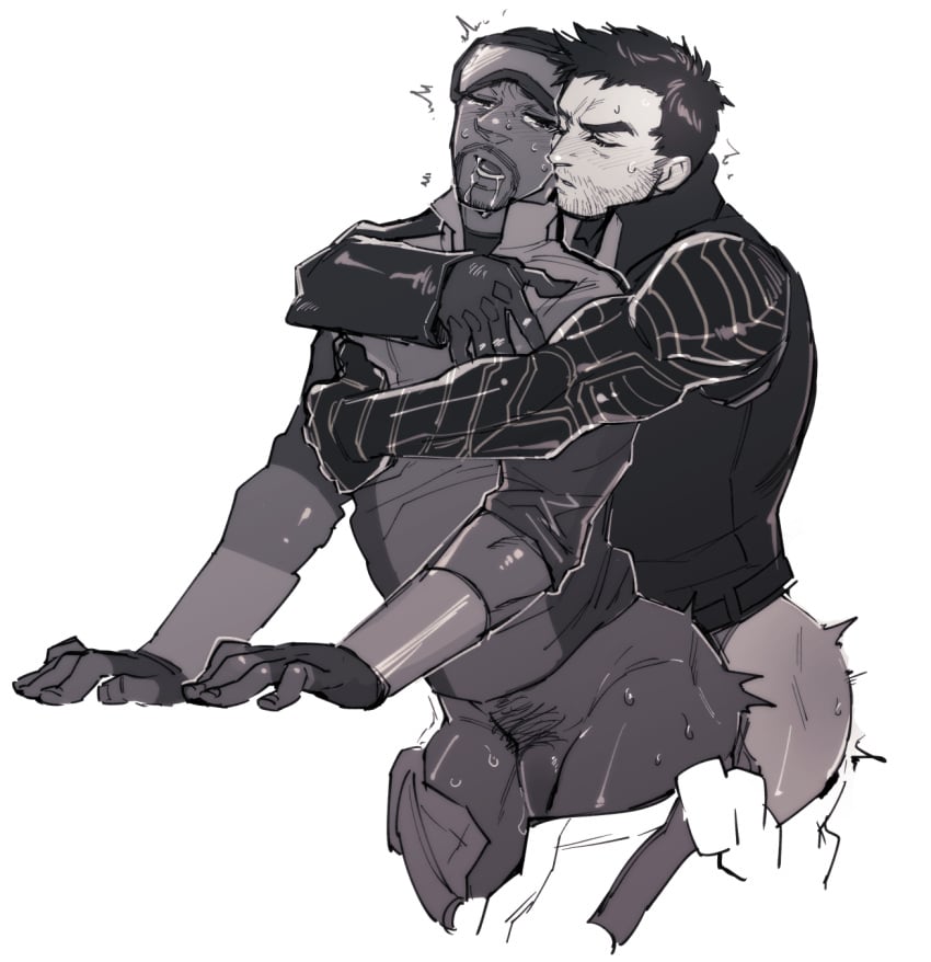 2boys anal ass bara beard_stubble bottomless bucky_barnes character_request check_character closed_eyes clothed_sex couple cropped_legs flaccid from_side gay gay_sex greyscale happy_sex highres hug hug_from_behind kamatama_(bobojobobo) male_focus male_pubic_hair marvel marvel_cinematic_universe mature_male mechanical_arms monochrome multiple_boys penis pubic_hair saliva sam_wilson sex sex_from_behind short_hair sideburns single_mechanical_arm sparse_pubic_hair standing standing_sex the_falcon thighs trembling winter_soldier yaoi