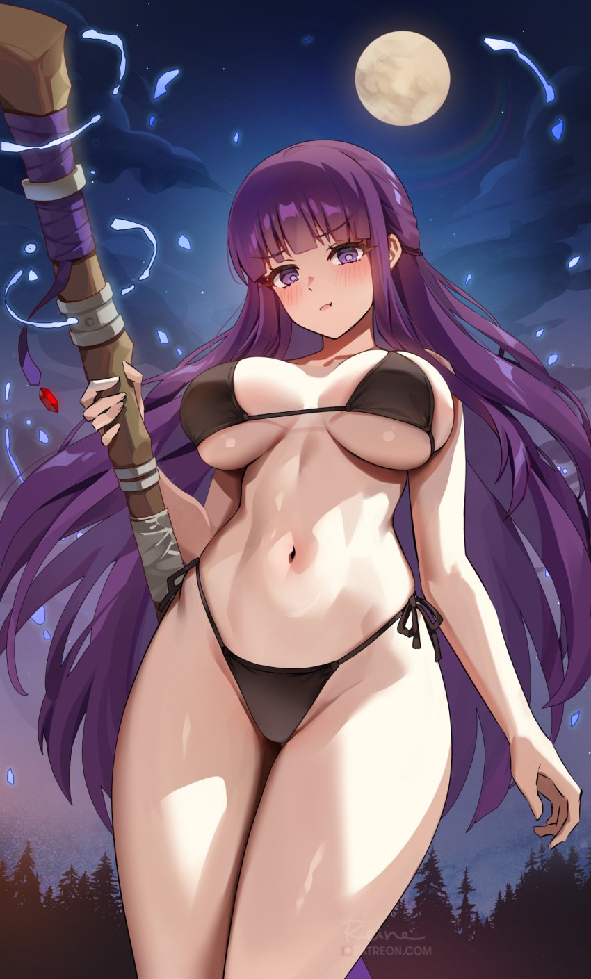 1girls bikini breasts clothed dress female fern_(sousou_no_frieren) foxy_rain_(foxyreine) foxyrain foxyrain_(foxyreine) foxyreine huge_breasts long_hair looking_at_viewer low-angle_view purple_eyes purple_hair sousou_no_frieren thick_thighs