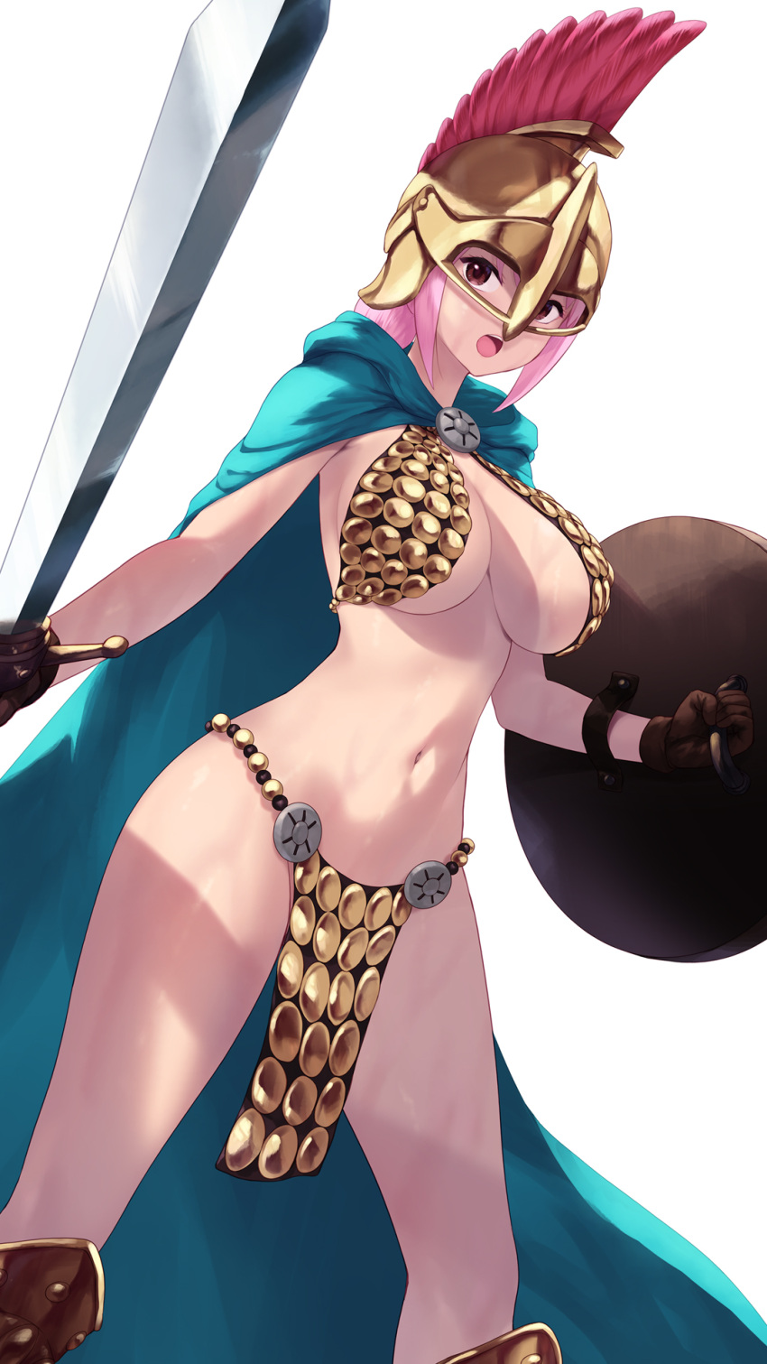 1girls bocas_top brown_eyes cait_aron cape female female_only helmet holding_weapon huge_breasts loincloth one_piece pink_hair rebecca_(one_piece) shield sword voluptuous