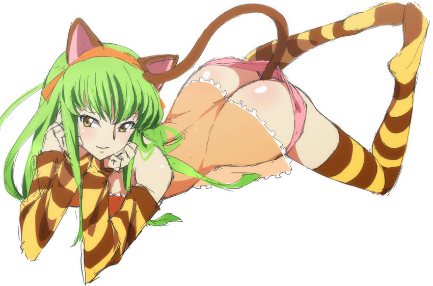 1girls ass blush c.c. cat_ears cat_tail code_geass female green_hair legs_up long_hair panties panties_down shou937 sleeves smile solo thighhighs yellow_eyes