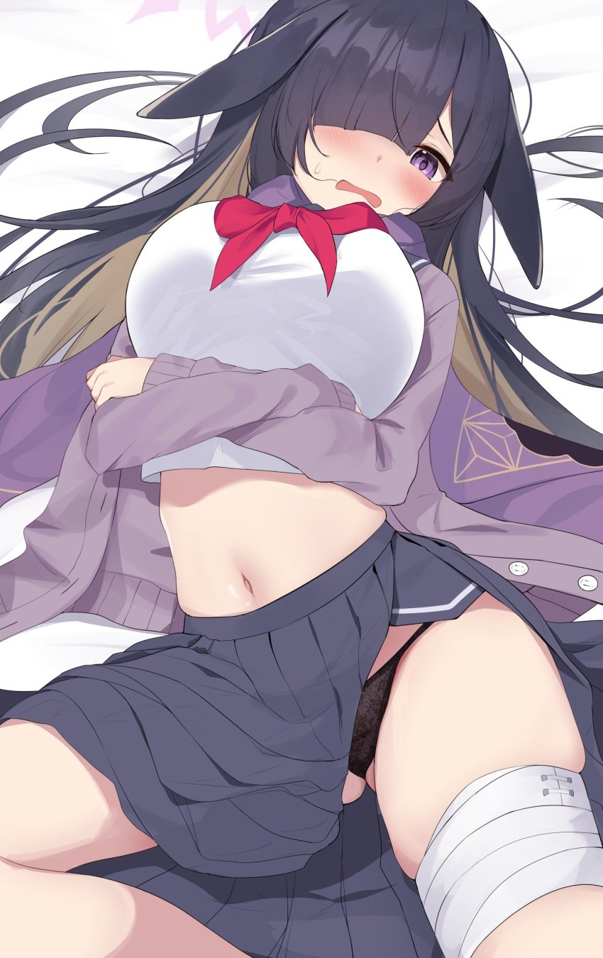 allied_hyakkiyako_academy_student bitseon blue_archive cute embarrassed huge_breasts looking_away lying_on_bed midriff navel ninjutsu_research_club_(blue_archive) panties shy skindentation skirt_aside thick_thighs thigh_strap tsukuyo_(blue_archive) wavy_mouth wide_hips wrappings