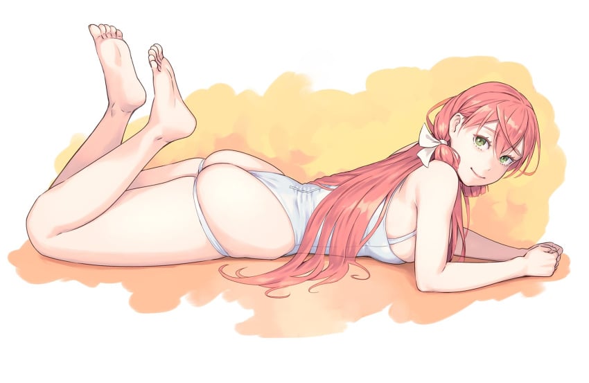 akashi_(kantai_collection) barefoot big_ass bikini feet feet_up green_eyes kantai_collection long_hair lying lying_down lying_on_stomach one-piece_swimsuit pink_hair thick_ass yuuji_(and)