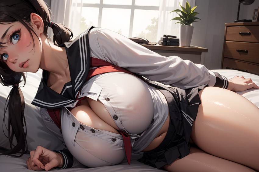 1girls ai_generated bangs bed bed_sheet black_hair black_sailor_collar black_skirt blue_eyes blush breasts brown_hair cleavage collarbone curtains huge_breasts indoors large_breasts lips long_hair long_sleeves looking_at_viewer low_twintails lying miniskirt navel neckerchief on_bed on_side parted_lips plant pleated_skirt red_neckerchief sailor_collar school_uniform see-through serafuku shirt skirt solo stable_diffusion thighs twintails unbuttoned_shirt white_shirt window