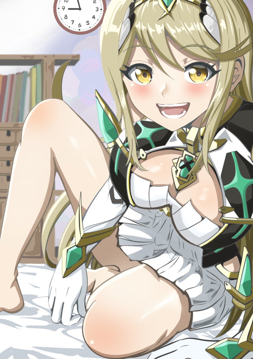 bed breasts eyes happy hikari_(xenoblade_2) implied_sex legs mythra smile