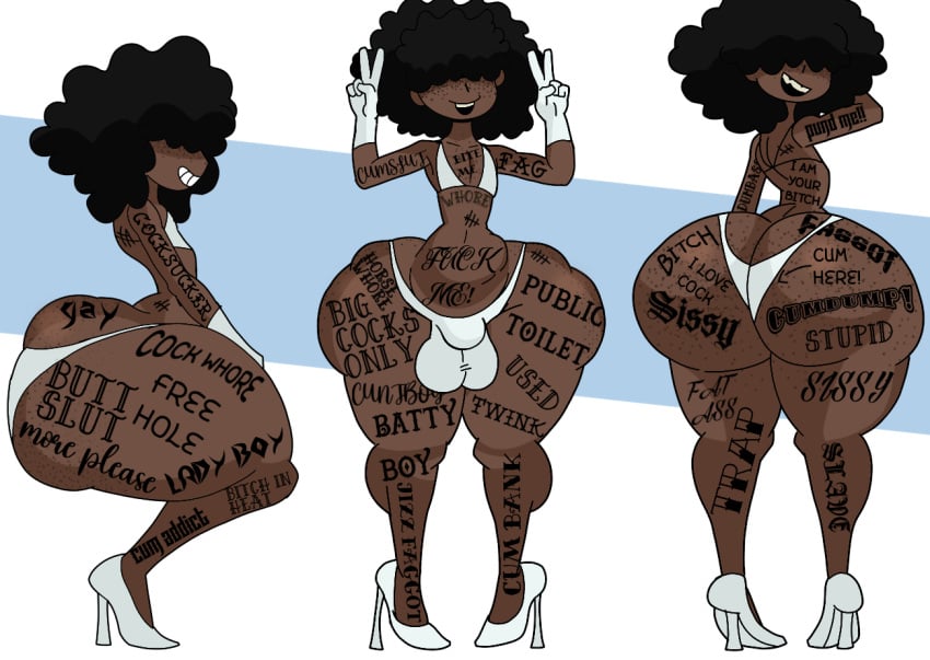 afro big_balls bimbo_femboy body_writing dark-skinned_femboy dark-skinned_male eyes_covered faggot femboy furu_flami gay heels huge_ass huge_thighs sissy slur slutboy small_bikini tattoos tattoos_everywhere thong whore