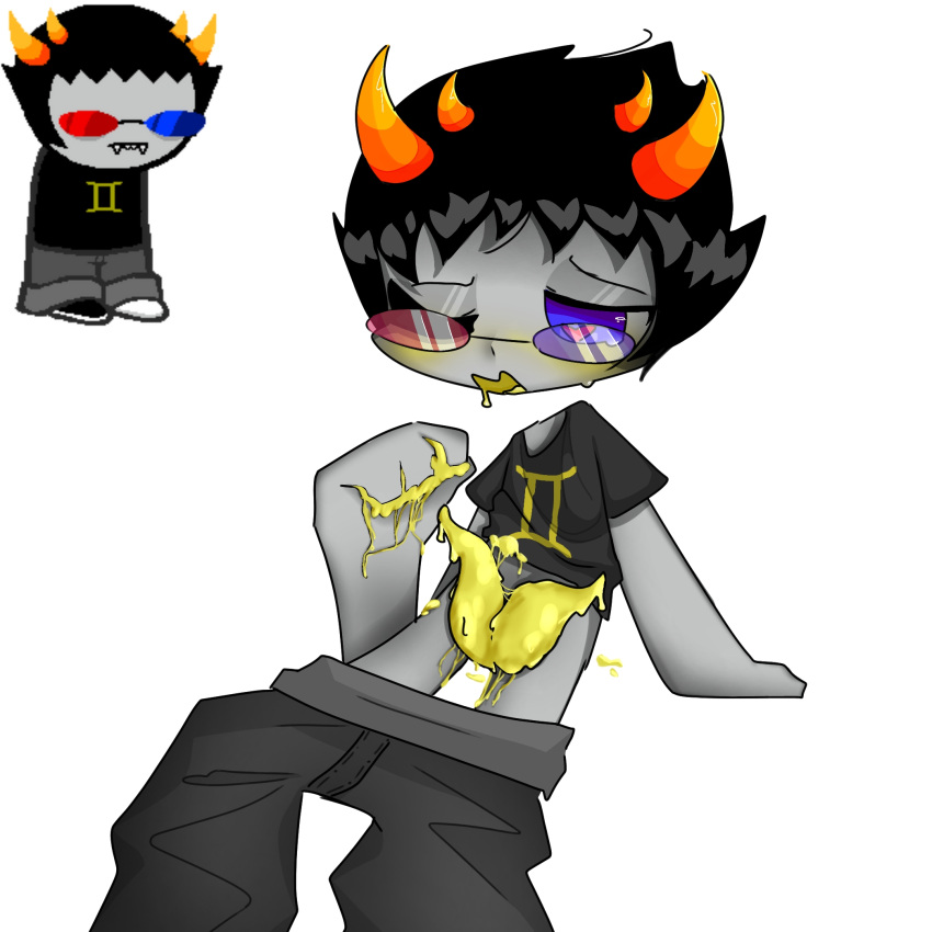 2d alien alien_humanoid alien_look_like_human black_shirt blue_eyes diphallia diphallism drawing gemini gray_body gray_pants grey_body grey_pants grey_skin heart-shaped_pupils homestuck horns kaza_official male masturbating masturbation multi_penis penis sollux_captor solo sweat sweating troll yellow_blush yellow_cum yellow_penis