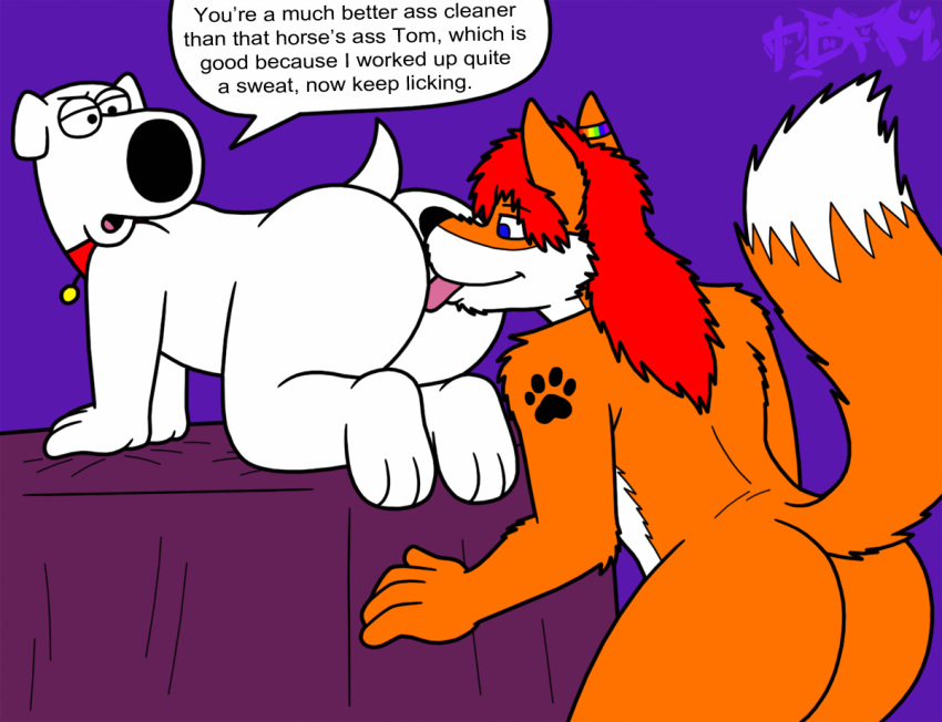 all_fours anal anthro ass bed blaziefox brian_griffin canid canine canis dialogue domestic_dog duo family_guy fox fur furniture licking looking_at_another looking_at_partner male male/male mammal oral orange_body orange_fur raised_tail rimming sex speech_bubble tail tbfm tongue tongue_out white_body white_fur