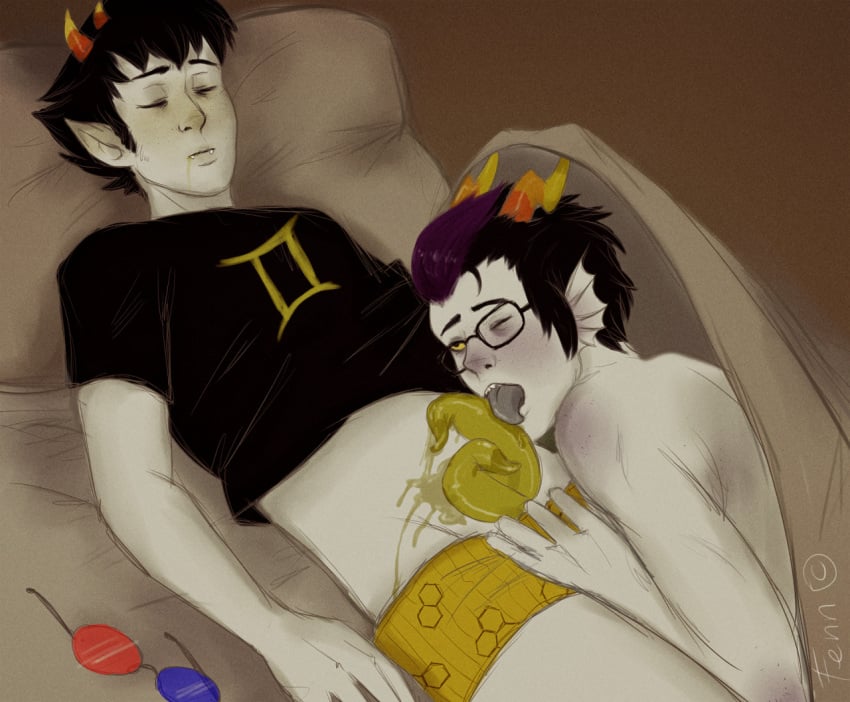 2boys blush clothing diphallia diphallism dubious_consent eridan_ampora fangs gay glasses homestuck horns male multi_penis oral penis sleeping sollux_captor somnophilia tagme tentabulge tentacle_penis unusual_penis yaoi