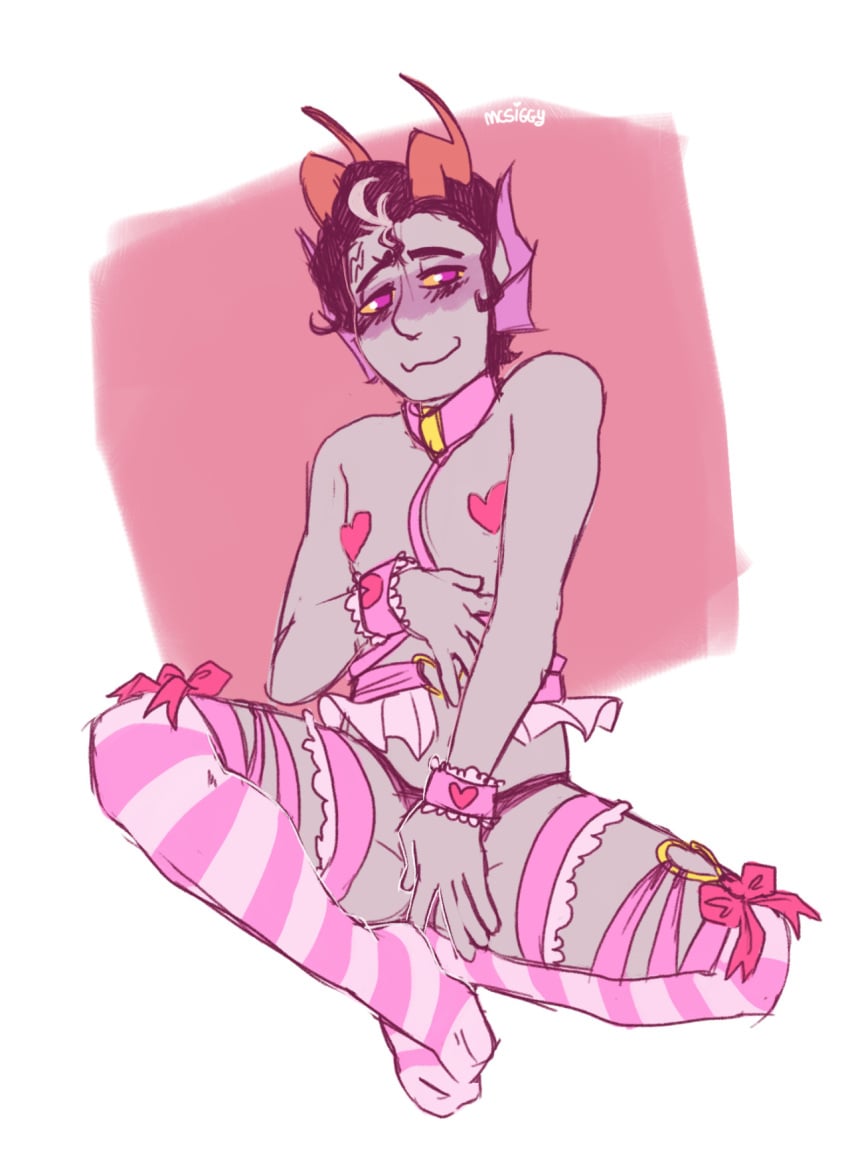 1boy blush collar cronus_ampora homestuck lingerie no_visible_genitalia smile solo tagme thighhighs