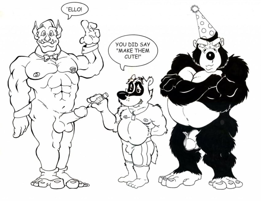 abs anthro ape badger black_and_white bottomwear bruce_(brucebadger) brucebadger chippendales clothing erection flaccid genitals gor_(tomcat) gorilla group haplorhine hat headgear headwear humanoid humanoid_genitalia humanoid_penis male mammal monochrome musclegut muscular muscular_anthro muscular_male mustelid musteline nipples nude orc orc_male party_hat pecs pencil penis primate shorts trassk trio