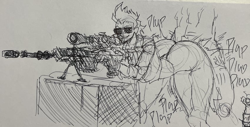 1boy 1girls female female_focus gun humble_shark mia_shepherd multitasking oc original_character penetration plap sketch sniper sniper_rifle sunglasses traditional_media_(artwork)