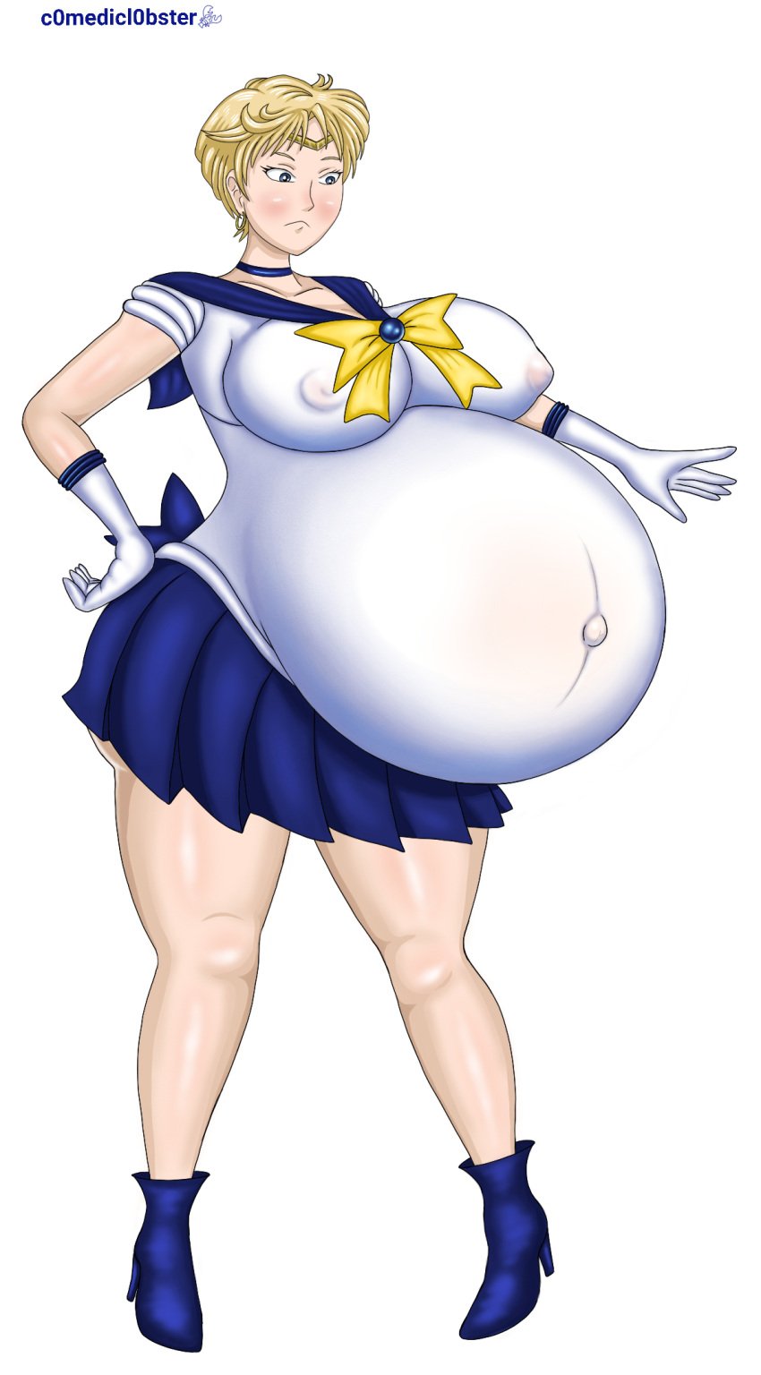 1girls belly big_belly big_breasts bishoujo_senshi_sailor_moon blonde_hair breasts c0medicl0bster clothing disproportional female haruka_tenou high_heel_boots high_heels hyper_belly hyper_breasts hyper_pregnancy large_breasts nipples nipples_visible_through_clothing pregnant sailor_uranus short_hair skirt solo