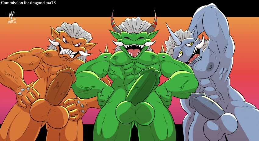 balls bandai_namco biceps denlusty digimon digimon_(species) erection fangs genitals grin group hair hi_res horn humanoid humanoid_genitalia humanoid_penis long_hair male male/male nipples nude ogremon pecs penis sharp_teeth smile spikes teeth trio tusks vein veiny_penis