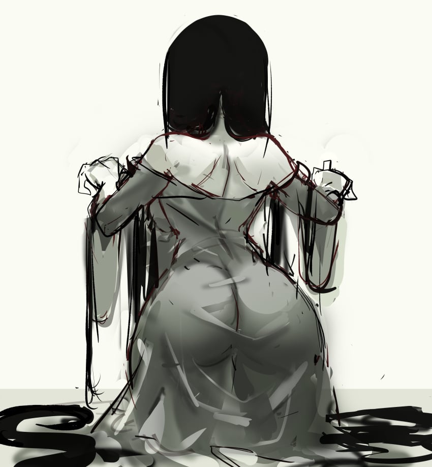 1girls ass ass_in_dress behind_view big_ass black_hair bubble_butt dress ghost_girl long_hair rakeemspoon see-through_clothing solo the_ring white_background yamamura_sadako