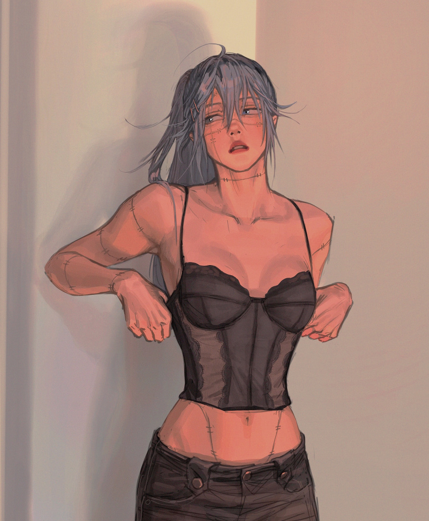 adjusting_bra bra bustier canon_genderswap cleavage curvy_figure genderswap_(mtf) heterochromia jeans jujutsu_kaisen looking_away mahito_(jujutsu_kaisen) medium_breasts ponytail rule_63 silver_hair stitches very_high_resolution wengwengchim