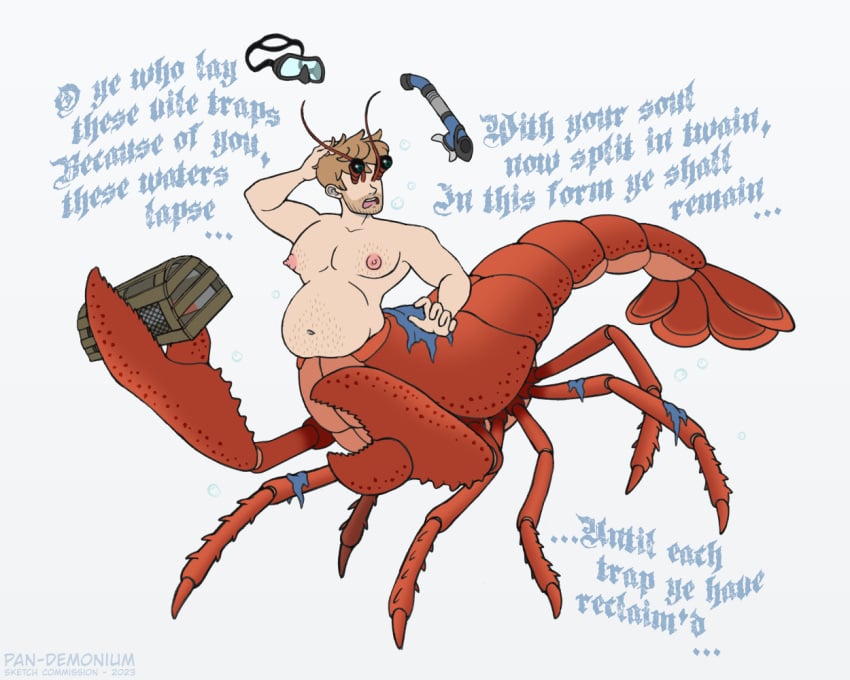 animal_humanoid antennae_(anatomy) aquatic_humanoid aquatic_taur arthropod arthropod_humanoid arthropod_taur belly blonde_hair claws clothing crustacean crustacean_humanoid crustacean_taur curse decapoda eyestalks eyewear forced forced_transformation frankly-art goggles hair hand_on_head humanoid humanoid_taur lobster lobster_claws lobster_humanoid lobster_tail lobster_taur lobster_trap malacostracan male marine marine_humanoid marine_taur merfolk merman_transformation moobs navel nipples pecs poem snorkel solo split_form taur torn_clothing transformation