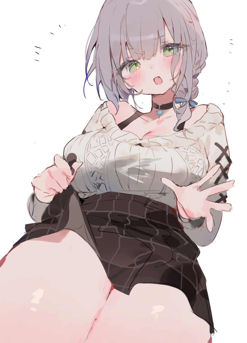 artist_request cardigan cardigan_vest cleavage collar cute embarrassed gigantic_thighs holding_skirt hololive hololive_fantasy hololive_japan large_breasts plaid_skirt shirogane_noel thick_thighs virtual_youtuber wide_hips