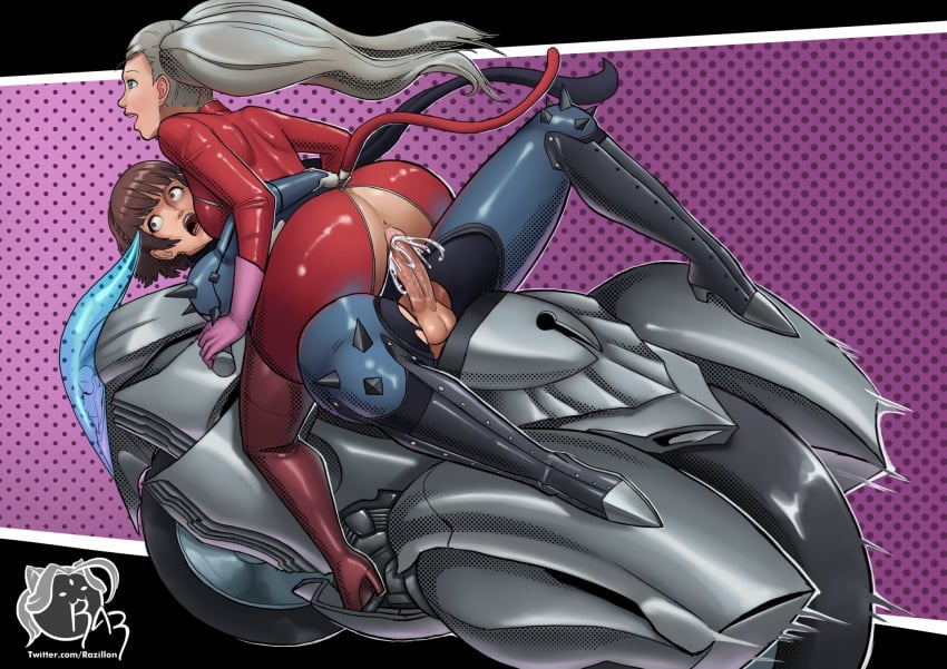 1futa 1girls ann_takamaki atlus big_ass big_breasts big_penis breasts clothed clothing duo erection female footwear futa_on_female futanari handwear human intersex johanna_(persona) light-skinned_female light-skinned_futanari light_skin makoto_niijima mostly_clothed motorcycle motorcycle_suit nude on_back pale_skin penis persona persona_(species) persona_5 phantom_thief_suit razillon scared sex straddling twintails vaginal vaginal_penetration vaginal_sex