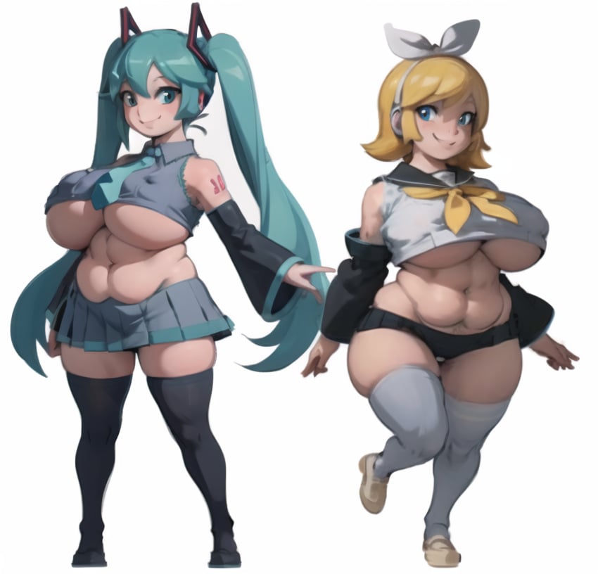 2girls ai_generated belly blonde_hair blue_eyes blue_hair chubby creamballz curvaceous curvy detached_sleeves duo female female_only forastero_(style) hair_ornament hairbow hatsune_miku headphones huge_breasts kagamine_rin kunaboto_(style) large_breasts long_hair midget navel plump sailor_collar shoes short_hair shorts shortstack skirt sleveless smiling tattoo thick_thighs thighhighs tie twintails underboob venus_body vocaloid white_background wide_hips