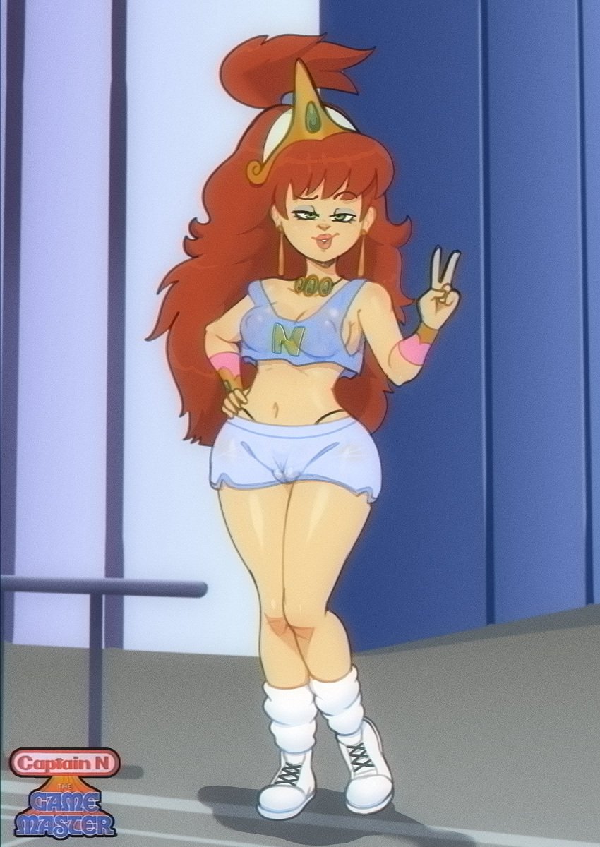 art belly_button captain_n_the_game_master cartoon curvy kneehighs loose_socks makeup nintendo partially_clothed princess princess_lana red_hair scrubforfun shoes shorts sneakers socks socks_and_shoes somescrub tight_clothing vhs_filter white_socks