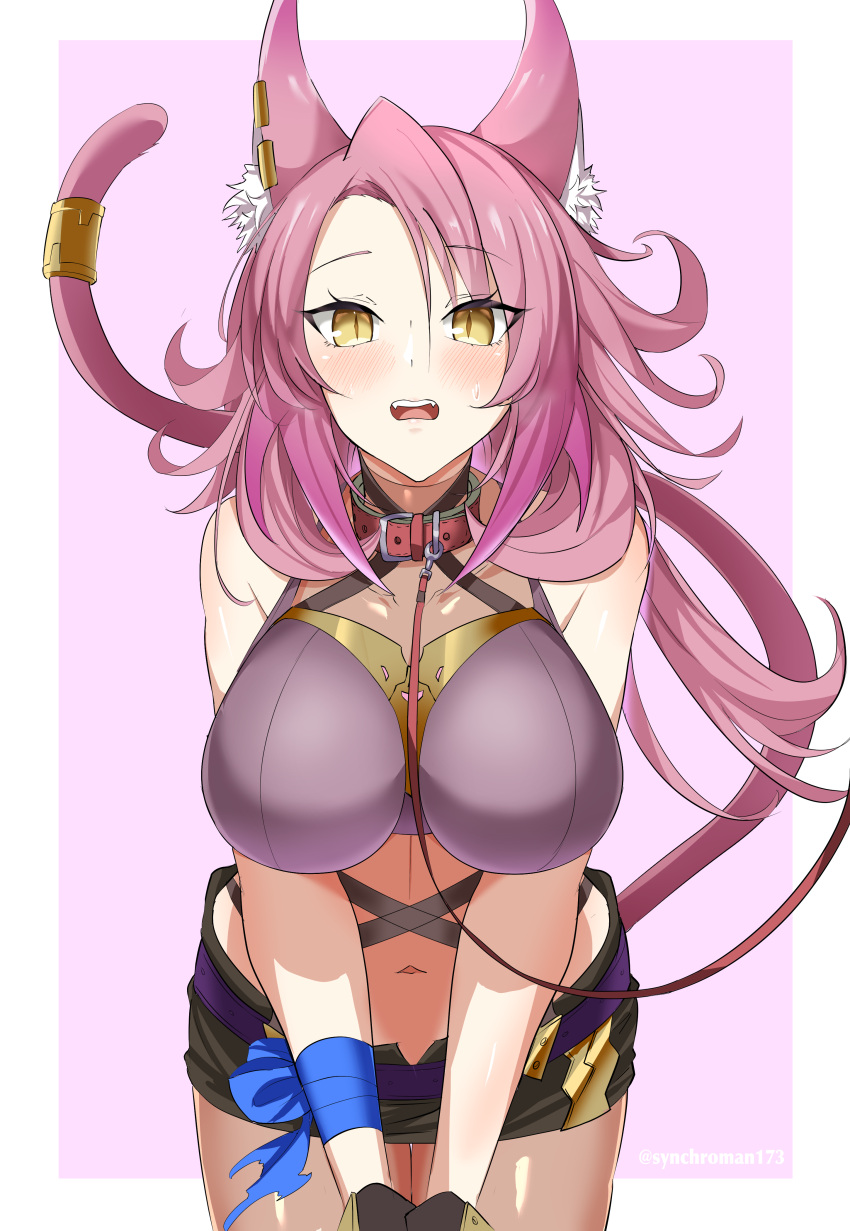 blush cat_ears cat_tail catgirl duel_monster gold_jewelry golden_eyes large_breasts leash_and_collar pink_hair synchroman tagme tri-brigade_ferrijit_the_barren_blossom yu-gi-oh!