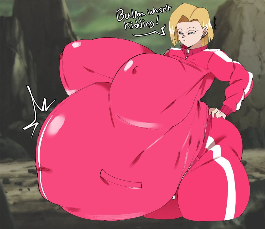 android android_18 behemaid blonde_female blonde_hair clothing curvy curvy_female curvy_figure dragon_ball dragon_ball_super huge_breasts hyper hyper_pregnancy nipples pout pregnant voluptuous_female yeehawt0wn