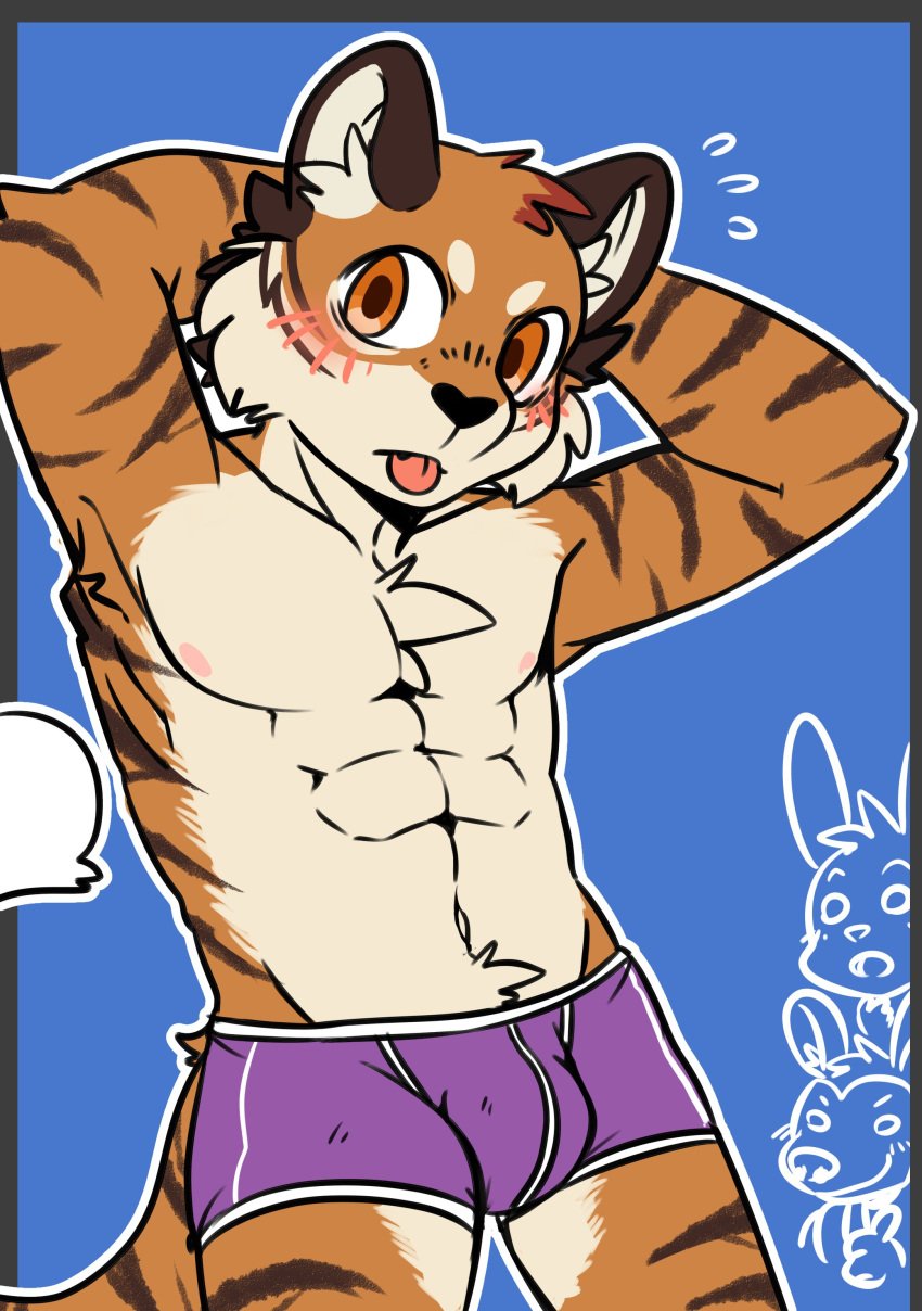 abs absurd_res american_opossum anthro athletic belly blep blue_background blush boxer_briefs boxers felid fur gesture hands_behind_head hi_res i_think_i_like_you lagomorph leporid male male_only mammal marsupial mischievous mischievous_smile muscular nude orange_body orange_fur pantherine pecs rabbit red_(i_think_i_like_you) saku1saya simple_background sky_(i_think_i_like_you) solo striped_body striped_fur stripes surprise surprised_expression tan_belly tan_body tan_fur thumbs_up tiger tongue tongue_out underwear zeb_(i_think_i_like_you)