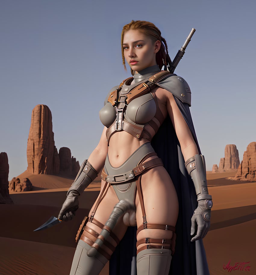 ai_generated armor athletic ayyefftee cape cock_sleeve desert futa_only futanari futuristic knife leather_clothing leather_gloves leather_harness long_penis photoshop red_hair soldier straps