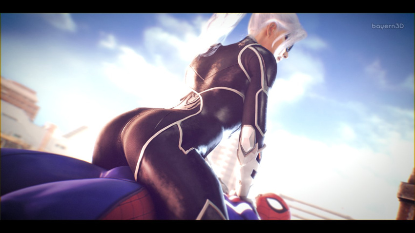 3d ass bayernsfm black_cat_(marvel) cowgirl_position dat_ass dressed felicia_hardy female insomniac_games marvel peter_parker sitting sitting_on_penis spider-man spider-man_(ps4) spider-man_(series) suit victim_official white_hair