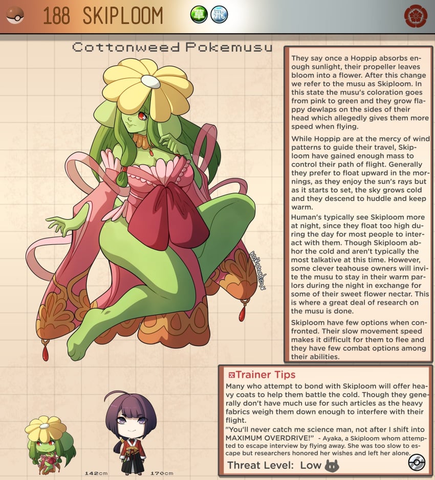 1boy 1girls breasts cleavage creature_index duo english_text female female_focus green_body green_hair green_skin human japanese_clothes kinkymation page_188 page_number pokémon_(species) pokemon pokemusu profile red_eyes signature skiploom text_box