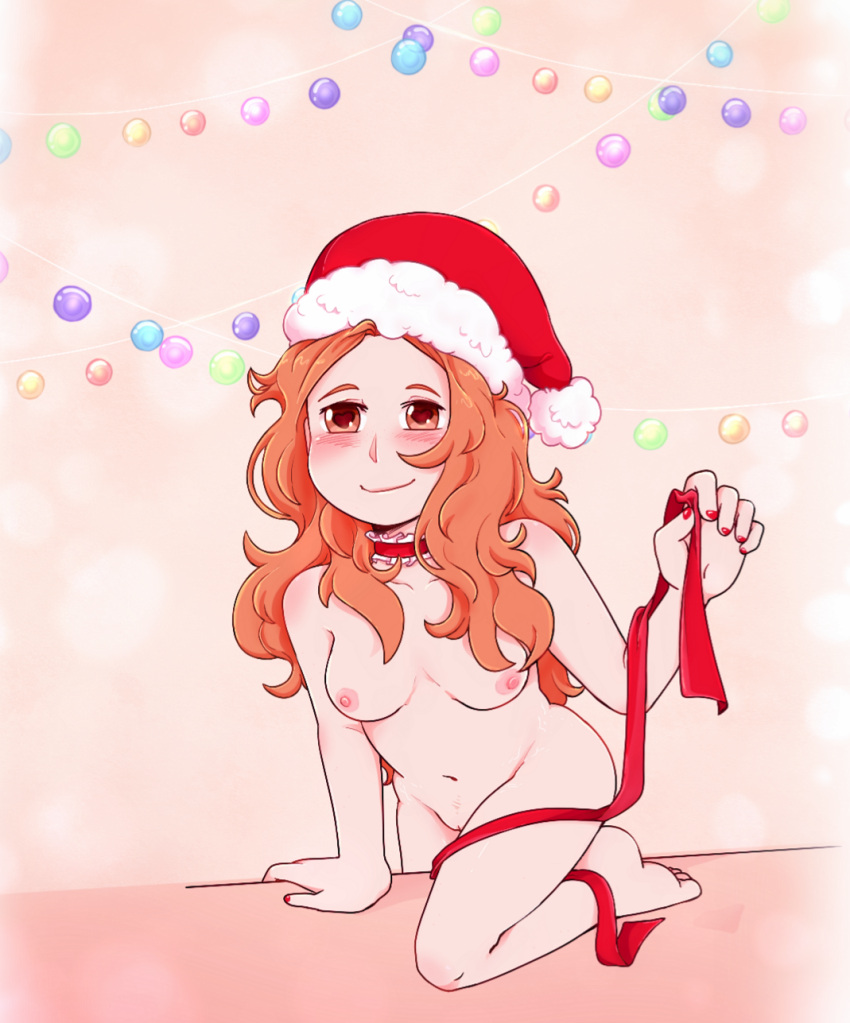 auburn_hair barefoot blush blushing breasts christmas_hat collar color colored cute_girl detached_collar digital_drawing_(artwork) digital_media_(artwork) female female_only freckles frilled_choker frilly frilly_choker frilly_collar gift hat heart-shaped_pupils hotfiresu human light-skinned_female merry_christmas nail_polish naked_female naked_hat nipples not_ai_generated nude nude_female oc one_leg_up original original_character painted_nails pussy red_choker redhead shaded smiling solo solo_focus standing standing_on_object stretch_marks uncensored