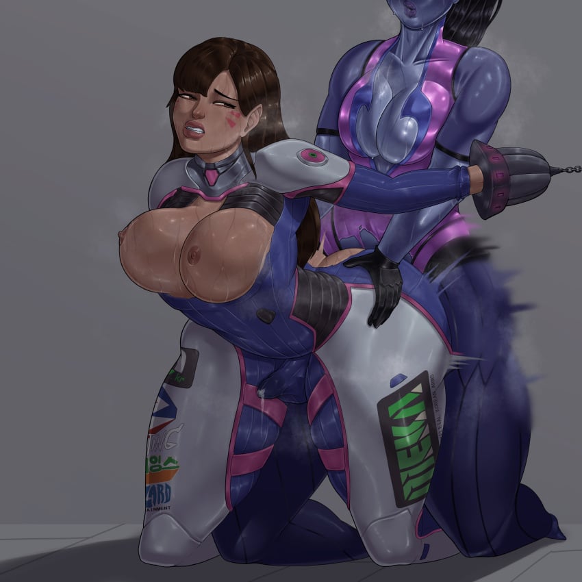 2futas anal anal_rape anal_sex areolae balls big_breasts black_hair blizzard_entertainment blue_skin blush bottom_heavy breasts brown_eyes brown_hair bursting_breasts clothed clothing cum cum_in_bodysuit cum_through_bodysuit cum_through_clothes cum_through_clothing cumming d.va duo erection erection_under_clothes futa_on_futa futa_penetrated futa_penetrating futanari grabbing grabbing_from_behind grabbing_hips huge_ass huge_breasts human kneeling large_breasts leaking_cum leaking_precum light-skinned_futanari light_skin long_hair makeup mostly_clothed nipples on_knees oniferocious overwatch penis pink_clothing prison_guard_position questionable_consent rape ripped_clothing sex shiny_skin simple_background small_penis small_penis_futa small_penis_futanari small_testicles sweat sweatdrop sweating sweaty thick_thighs tight_clothing tits_out wide_hips widowmaker