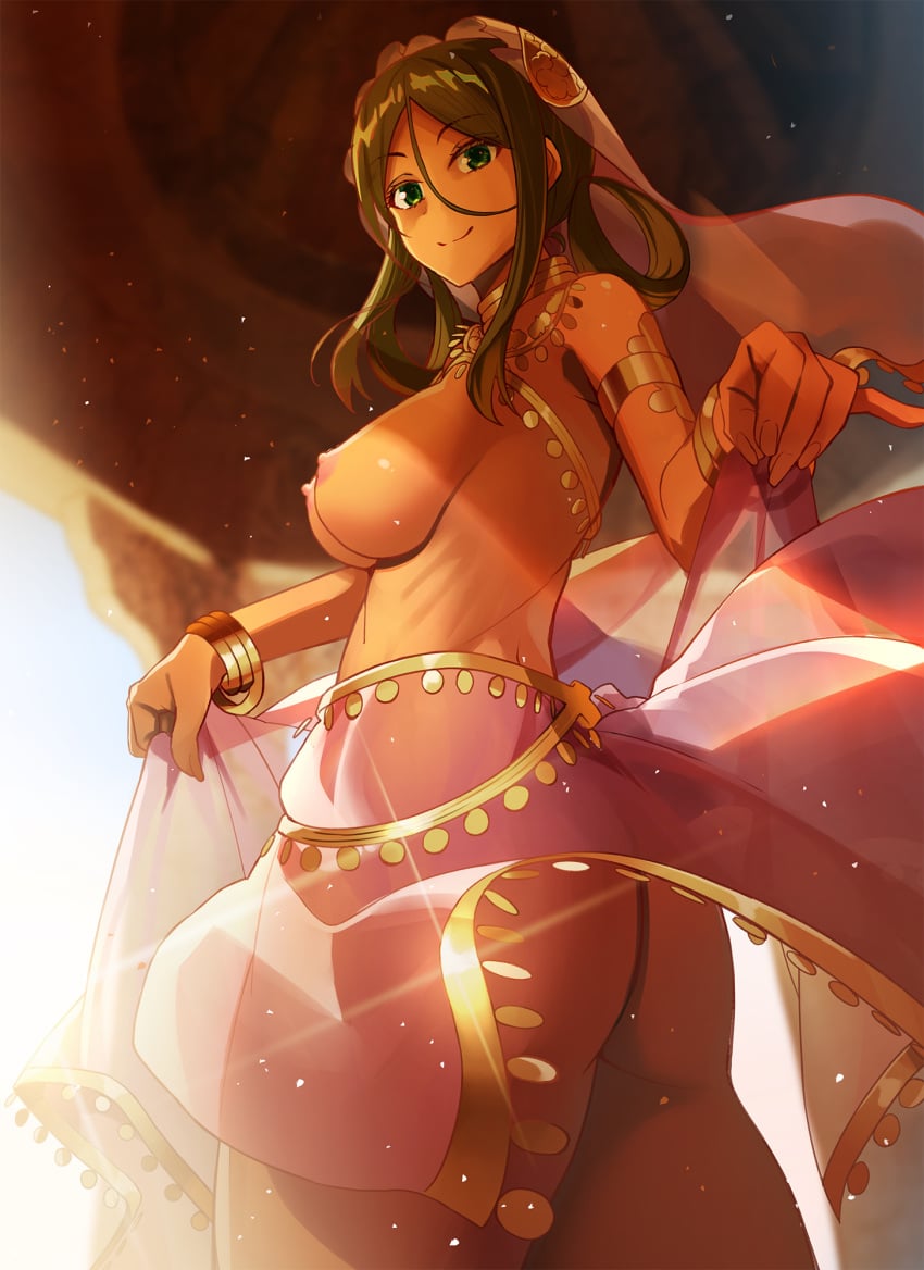 armlet ashoka_(eiyuu_senki) ass breasts_out dark-skinned_female eiyuu_senki exotic green_eyes green_hair harem_girl harem_outfit highres indian indian_female jewelry lifting_skirt light_particles looking_at_viewer medium_breasts nishitaka ribs see-through smiling_at_viewer sunlight topless veil