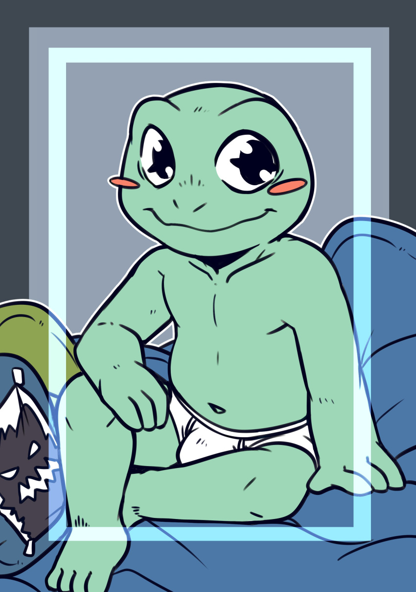 1boy amphibian belly belly_button blush briefs bulge chubby coach cute frog green_body i_think_i_like_you looking_at_viewer male male_focus male_only non-human non-human_only pillow saku1saya smiling ted_(i_think_i_like_you) toes toony topless underwear webtoon