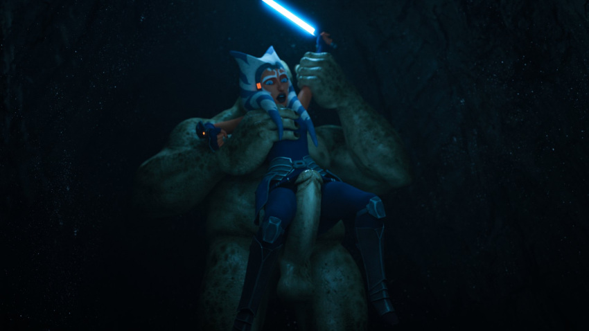 1boy 1girls 3d ahsoka_tano airress3d_(3d-modeller) alien alien_girl alien_humanoid balls big_penis blender blue_lightsaber cave clone_wars clothed clothing duo erect_penis erection face_markings facial_markings green_body green_skin highres huge_cock imminent_rape imminent_sex lekku lekku_(anatomy) lifting lifting_person lightsaber lightsaber_hilt looking_at_penis looking_down lucasfilm male male/female orange_body orange_skin orc penis shocked shocked_expression size_difference standing star_wars surprised surprised_expression the_clone_wars:_season_seven the_qbd togruta