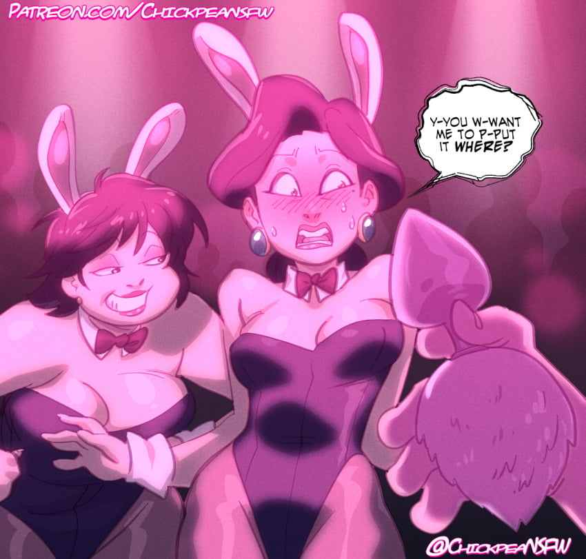 2023 2girls anal bbw blush bowtie bunny_costume bunny_ears buttplug buttplug_tail chickpea collar color colored crowd dialogue disney earrings embarrassed english_text female female_focus large_buttplug lily_(turning_red) lily_lee looking_at_another milf ming_lee multiple_girls open_mouth people_in_background pink_theme pixar sex_toy short_hair simple_background smile speech_bubble sweat sweating text turning_red