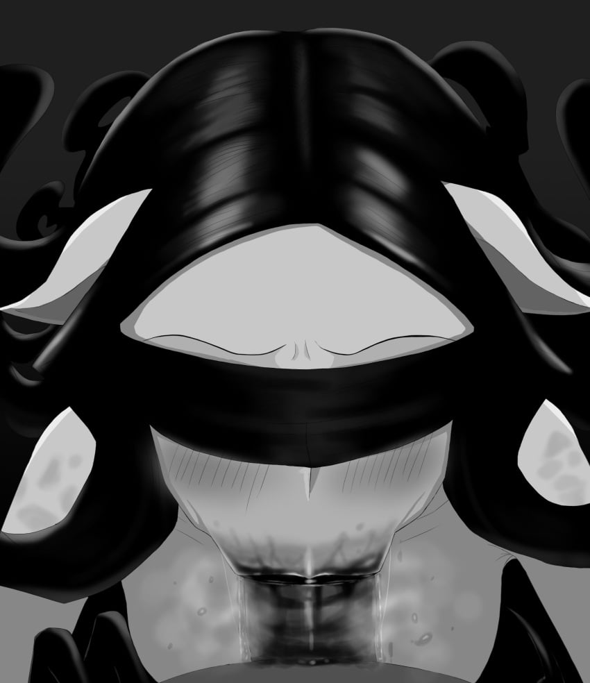 1boy 1girls :>= blindfold blush fellatio female female_focus greyscale identity_v long_hair male monster penis penis_in_mouth pov steam yidhra zigenn_maru