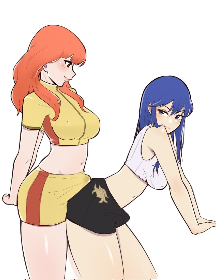 2futas 2girls alternate_costume bent_over black_shorts blue_eyes blue_hair blush booty_shorts breasts brown_eyes bulge bulge_to_ass caeda_(fire_emblem) celica_(fire_emblem) clothed clothing commission cosplay crop_top crossover dry_humping duo erection erection_under_clothes fire_emblem fire_emblem:_mystery_of_the_emblem fire_emblem:_shadow_dragon_and_the_blade_of_light fire_emblem_echoes:_shadows_of_valentia fire_emblem_warriors fully_clothed futa_on_futa futa_only futa_with_futa futanari grinding grinding_on_penis hotpants human humping jenocidero leaning_back light-skinned_futanari light_skin long_hair looking_at_another looking_at_partner looking_back mario_strikers medium_breasts midriff midriff_baring_shirt multiple_girls navel nintendo official_alternate_costume orange_hair penis penis_bulge precum precum_through_clothing red_hair shirt short_shorts shorts sleeveless sleeveless_shirt sports_bra sports_shorts sportswear standing teasing tenting tight_shorts white_crop_top white_top yellow_crop_top yellow_shirt yellow_shorts