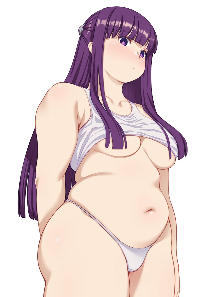 bra chubby chubby_female cloudxmoe curvaceous female female_only fern_(sousou_no_frieren) overweight overweight_female plump purple_hair skindentation solo sousou_no_frieren tank_top thong underboob