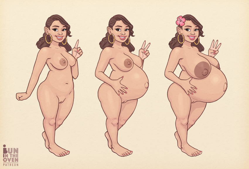 1girls belly big_belly big_breasts breasts brown_hair bunintheoven disproportional earrings female hyper_belly hyper_pregnancy nipples nude outie_navel pregnancy_progression pregnant pussy sequence short shortstack