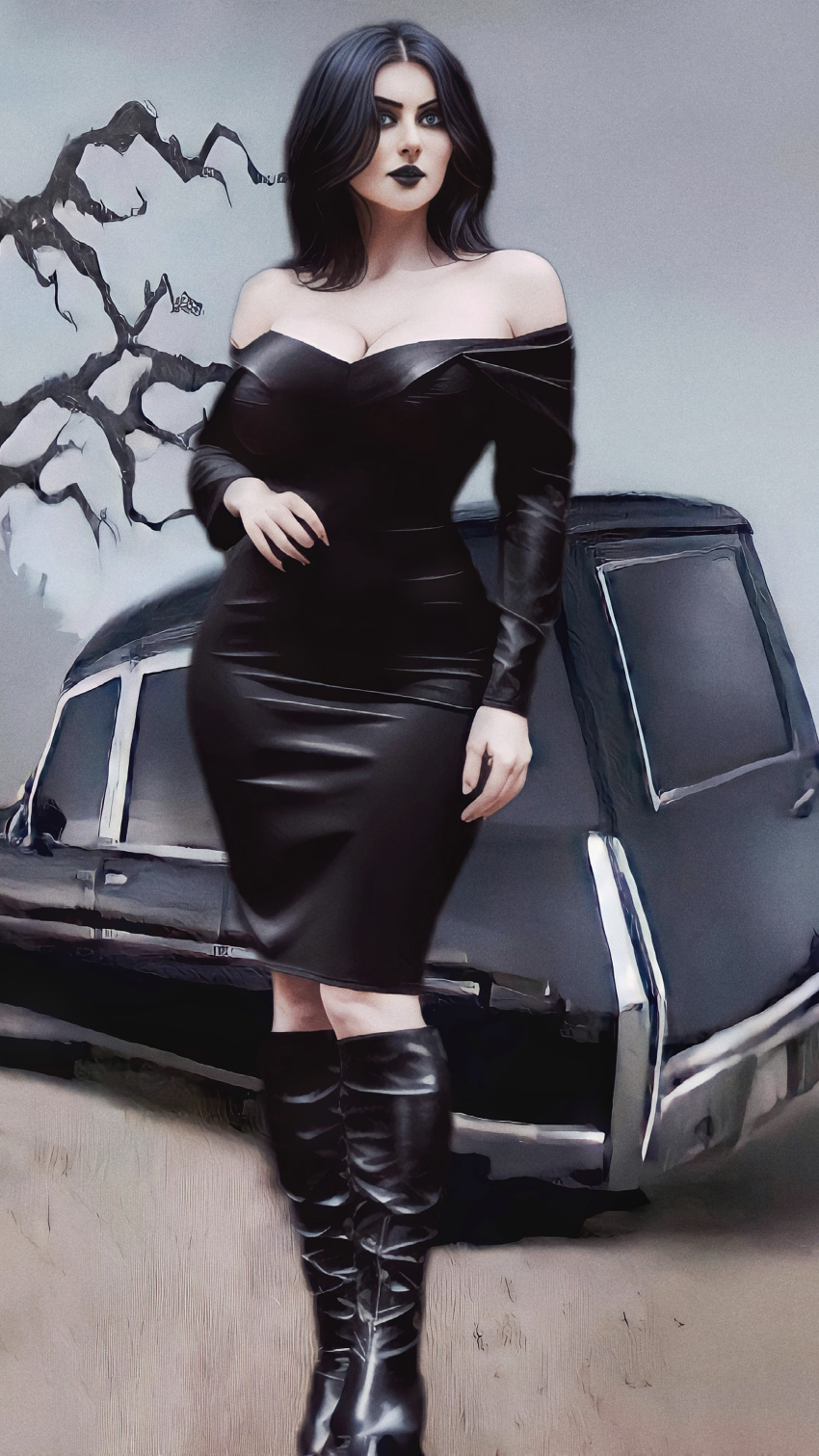 ai_generated black_dress black_hair black_lips blue_eyes cleavage female female goth goth_girl gothic heeled_boots playstation raven_(twisted_metal) shadow_(twisted_metal) tagme twisted_metal twisted_metal:_black