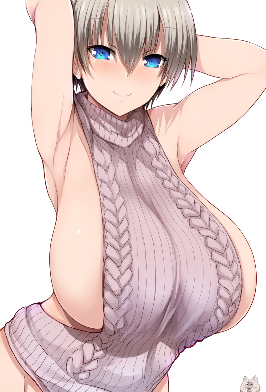 1girls arms_up blue_eyes breasts female grey_hair hi_res huge_breasts short_hair simple_background smile solo sweater tsukasawa_takamatsu uzaki-chan_wa_asobitai! uzaki_hana white_background wide_hips